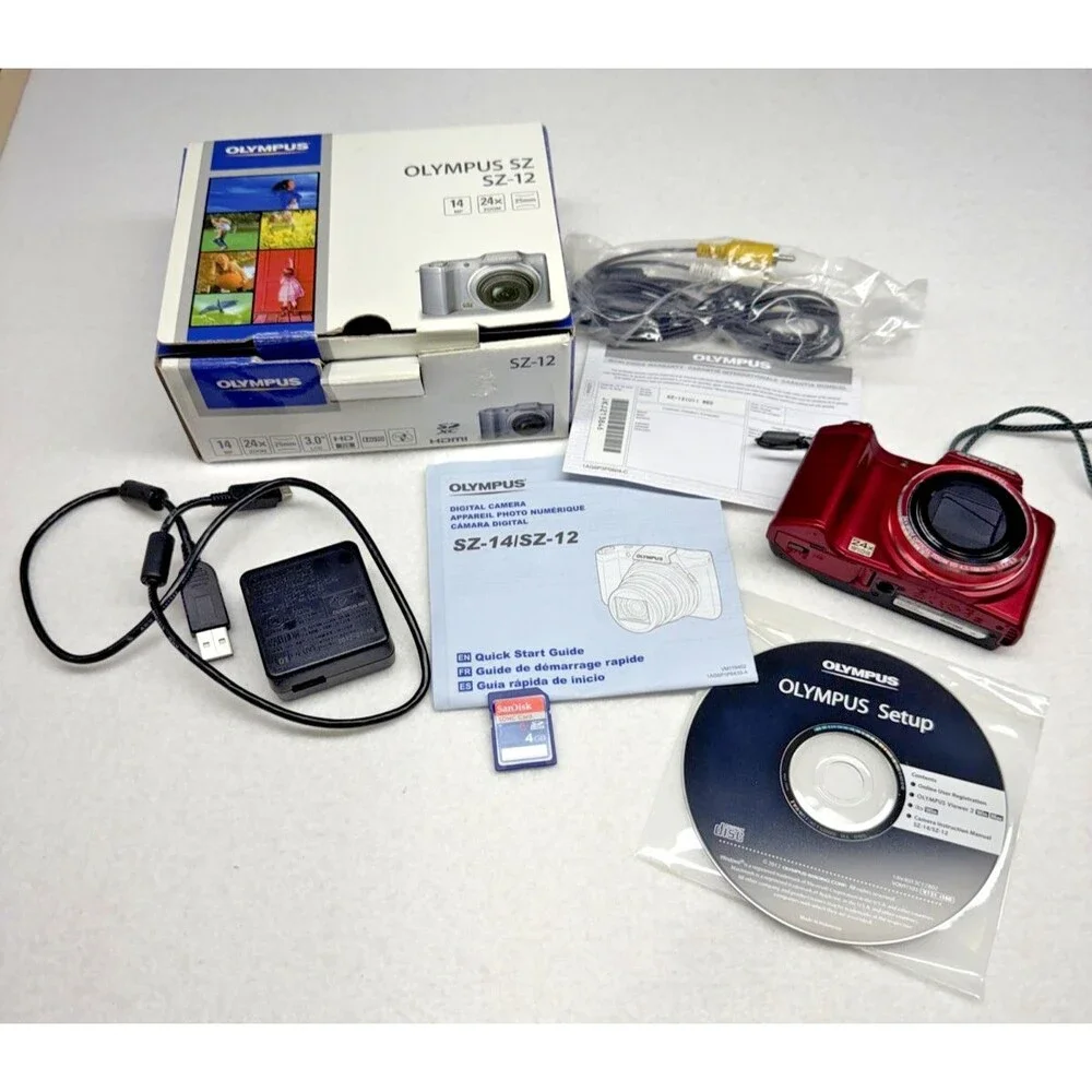 Olympus SZ-12 14MP Digital Camera 24x Zoom Red w/ Box Charger Battery SD Card